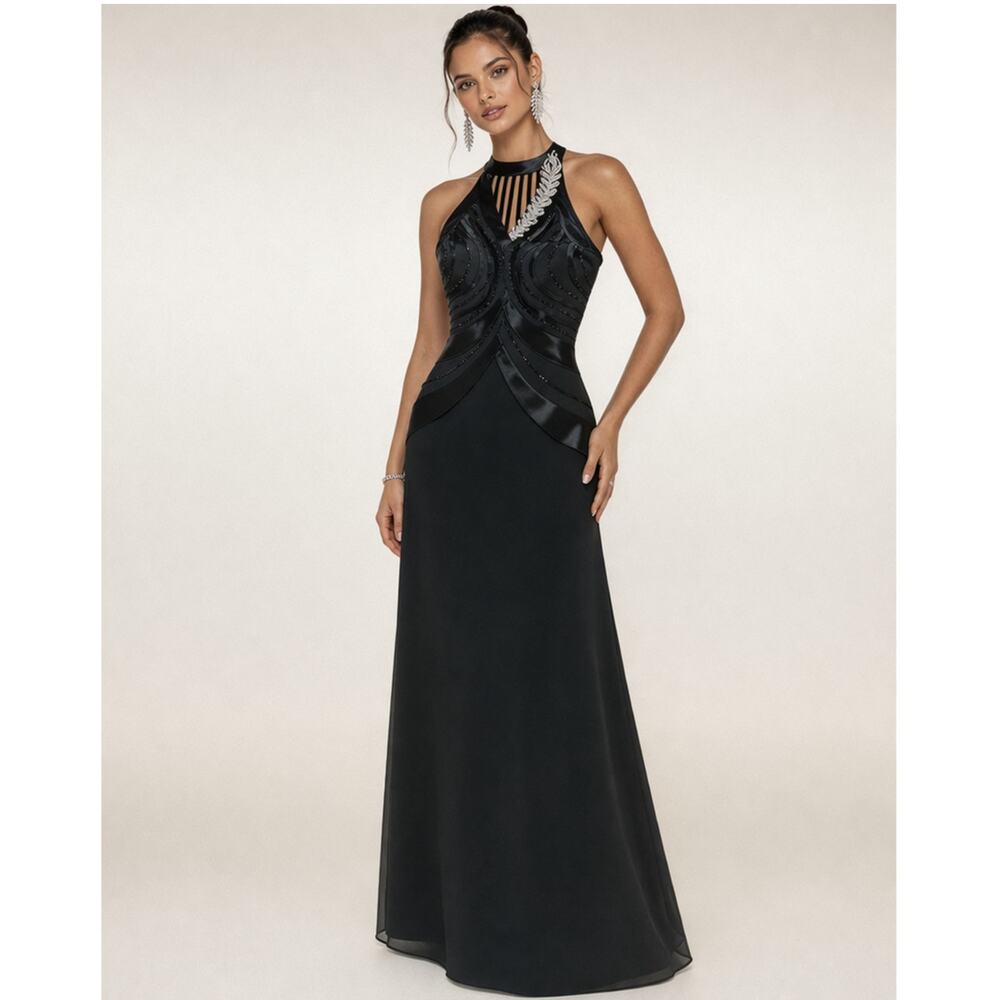 Putros‎ Couture Black Beaded Formal Evening Gown Halter Dress Size 6 NWT